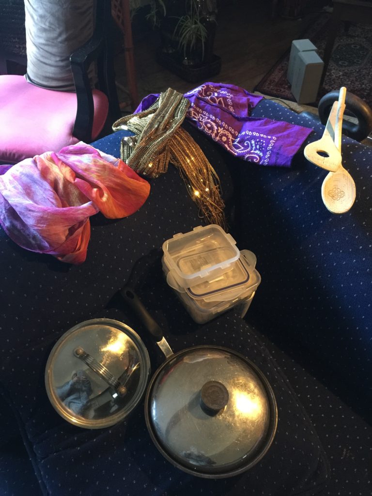 At-Home Props for Virtual Memory Cafe included Scarves for Dancing and Spoons, Pots & Pans for Drumming