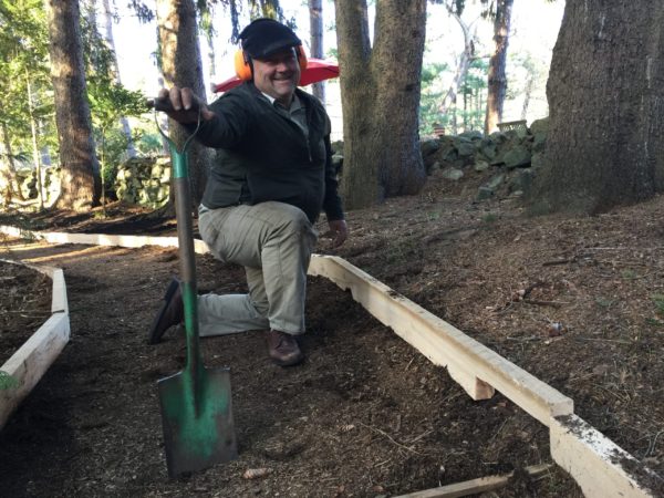 Karl takes notches out of the wood edging to allow room for tree roots