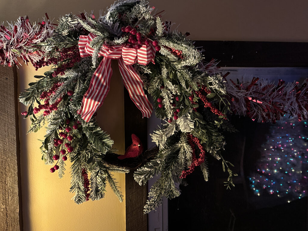 Evergreen Wreath, Red Berries, Red Ribbon & Red Cardinal