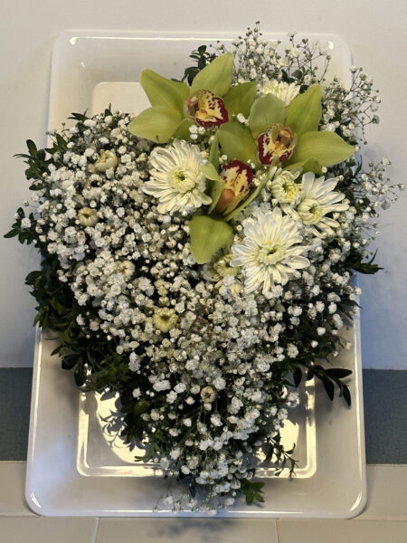 Heart Flower Arrangement/Wall Art: Boxwood, Baby's Breath, Mums, Orchids