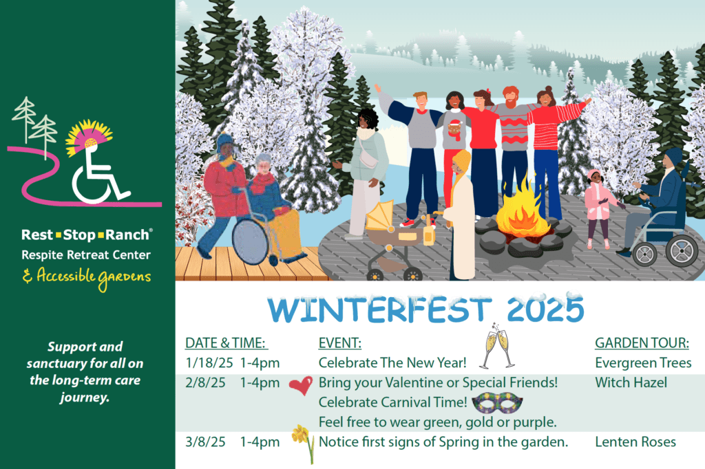 Winterfest 2025 Postcard Front with Bonfire graphic; details event days, times, feature garden tours