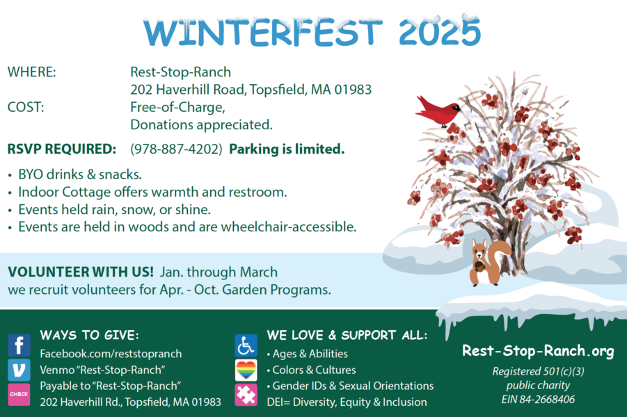 Winterfest Postcard Back with Winter Red Berry Bush and Cardinal; RSVP info, event address, cost, footer includes how to donate, and DEI statements