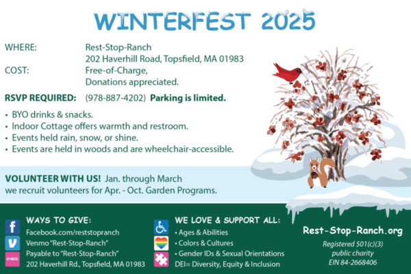Winterfest Postcard Back with Winter Red Berry Bush and Cardinal; RSVP info, event address, cost, footer includes how to donate, and DEI statements