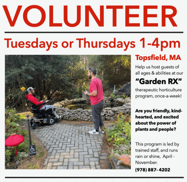 Tues/Thurs 1-4pm, hospitality volunteers needed in the garden