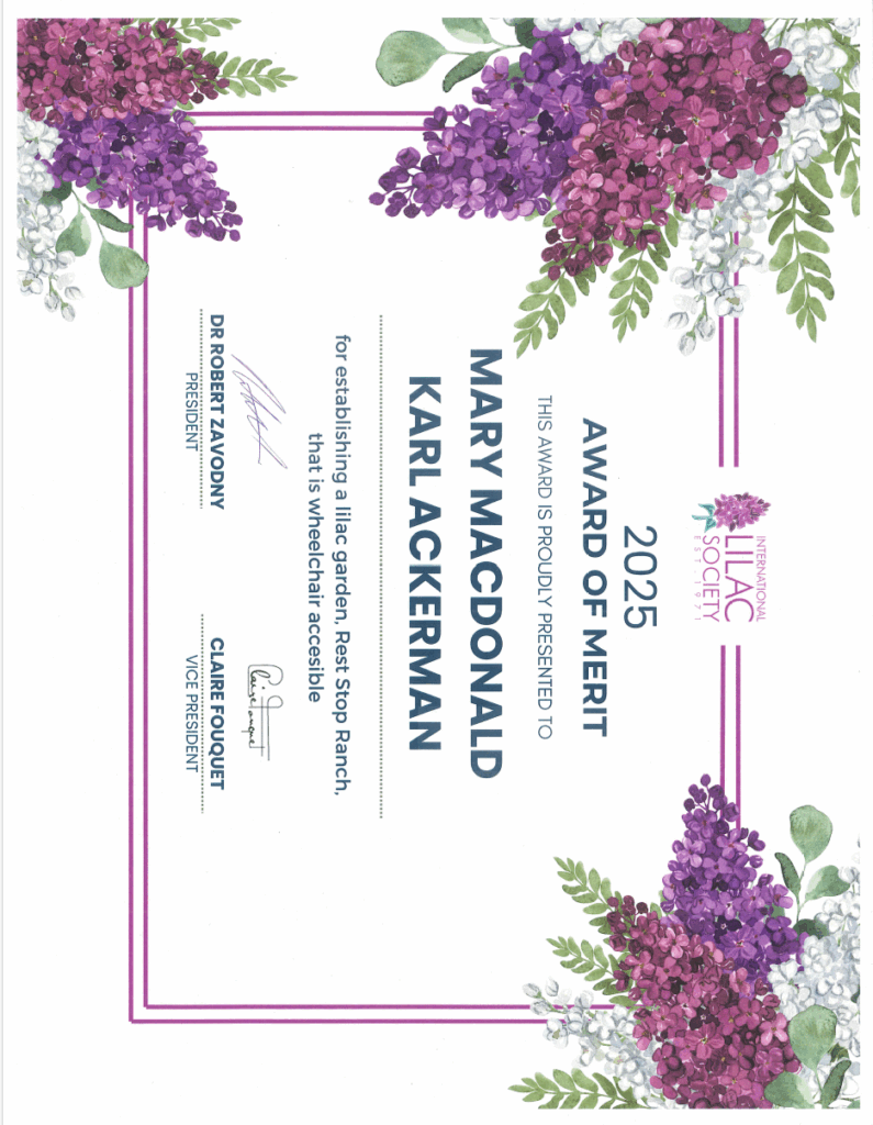 ILS 2025 Award of Merit, for establishing a wheelchair-accessible lilac garden at Rest-Stop-Ranch