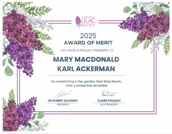 ILS 2025 Award of Merit, for establishing a wheelchair-accessible lilac garden at Rest-Stop-Ranch