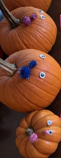 3 pumpkins decorated with pom pom hair and plastic eyes (they see, but are voiceless).