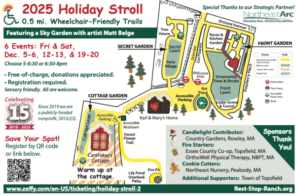 Postcard image: Holiday Strolls 2025, trail map, partner, sponsors, 15 years, how to register with Zeffy
